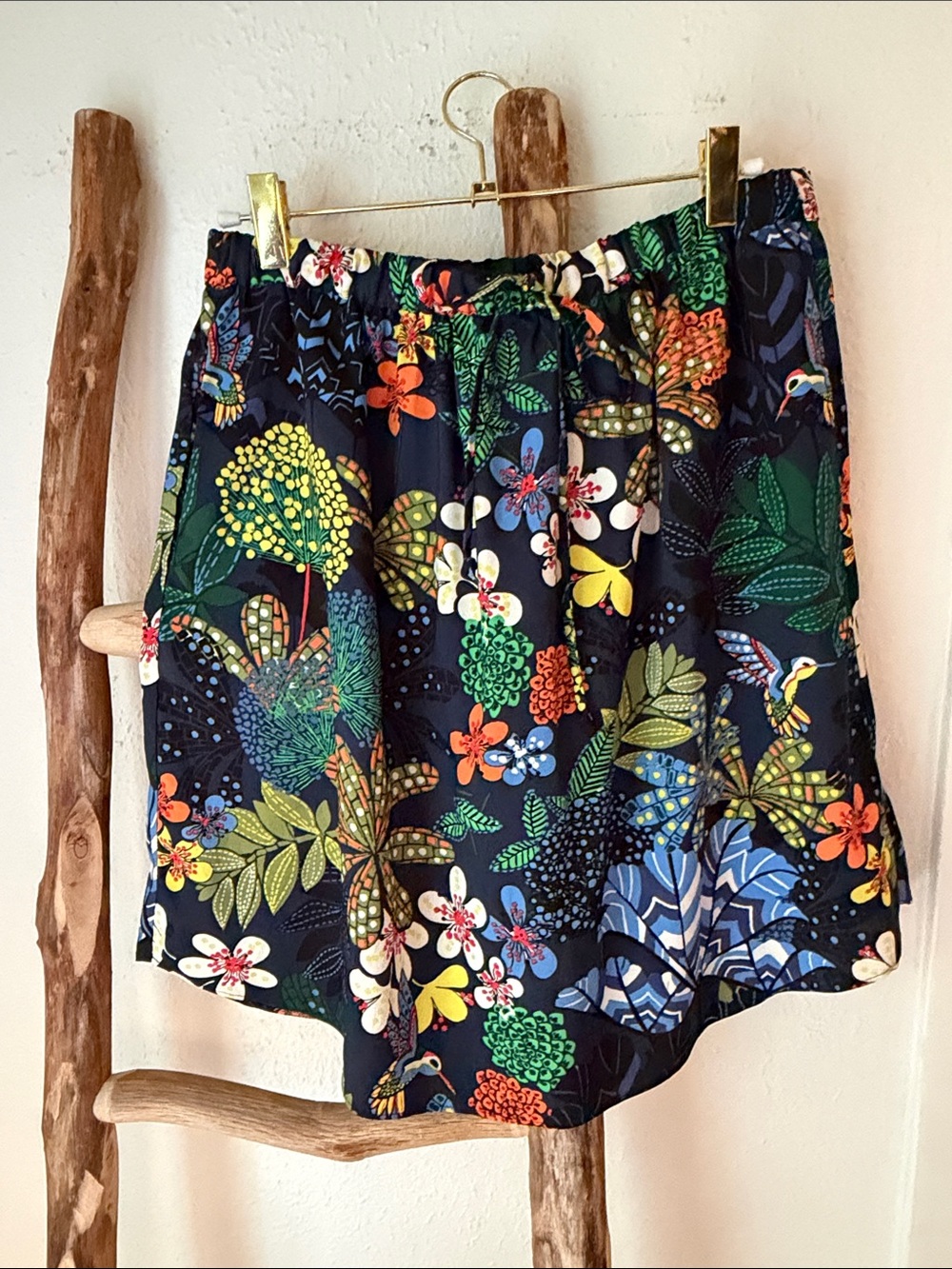 LOFT Navy Colorful Floral Lightweight Mini Skirt Multicolor Blooms Drawstring S